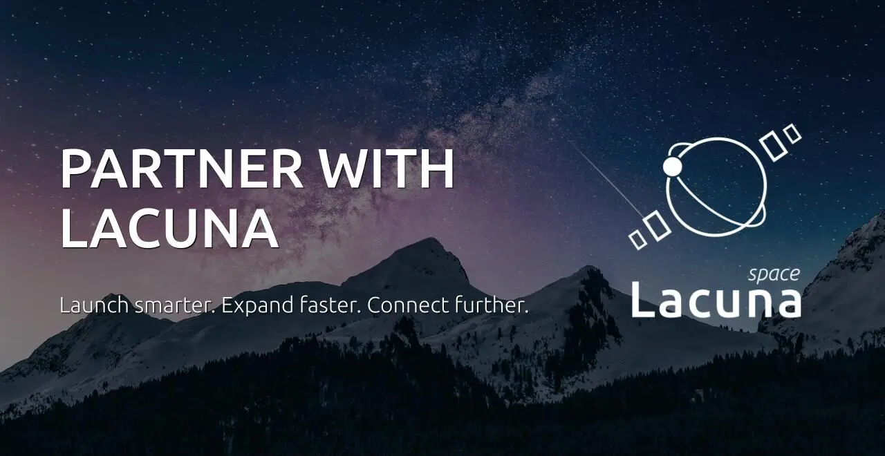 Graphic promoting partnership with Lacuna Space, showing the text “Partner with Lacuna” over a night sky and mountain landscape, alongside the Lacuna Space logo and satellite icon.