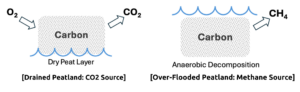  [Drained Peatland: CO2 Source] Oxygen Entry ---> [ Dry Peat Layer ] ---> Releases 40+ Tonnes CO2/Hectare/Year [Over-Flooded Peatland: Methane Source] Deep Standing Water ---> [ Anaerobic Decomposition ] ---> High Methane (CH4) Spikes 
