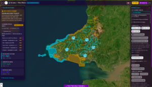 The STREAMS catchment dashboard, currently in development with Aberystwyth University and partner councils. Shown: real parameter readings from an active sensor node — dissolved oxygen at 5.1 mg/L (safe threshold: >8.0 mg/L), ammonium at 0.97 mg/L (toxic threshold: >1.0 mg/L), nitrates at 1.5 mg/L (normal: <5.0 mg/L) — alongside WFD river status across 227 water bodies, five active sensor nodes, CSO locations, and farm and land use boundaries across West Wales. 