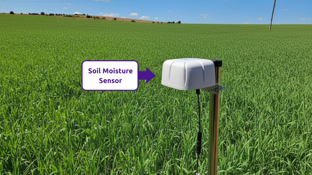 A Lacuna Space satellite IoT node installed in an agricultural field. The device is connected to an underground soil moisture probe and is positioned to transmit sensor data directly to a Low Earth Orbit satellite, bypassing terrestrial connectivity limits.